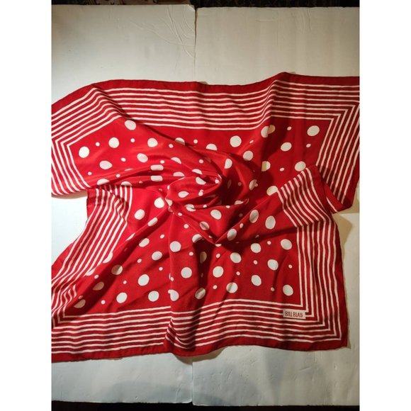 Vintage Bill Blass Red with White Polka Dots and Lines Silk Scarf Hand Turned He - Picture 3 of 6